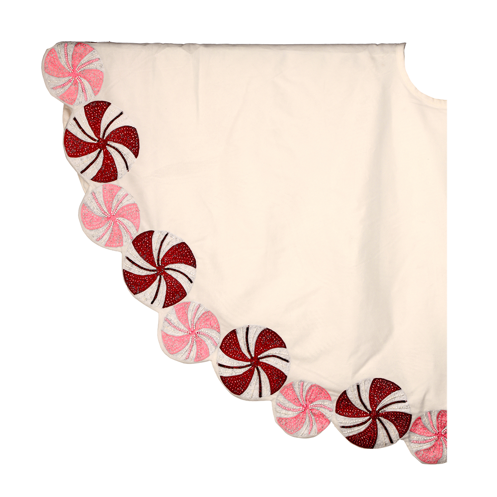 Viv! Christmas Luxe Kerstboomrok - Fluweel met Geborduurde Pepermunt Swirl Snoep van Kraaltjes - Ø132cm