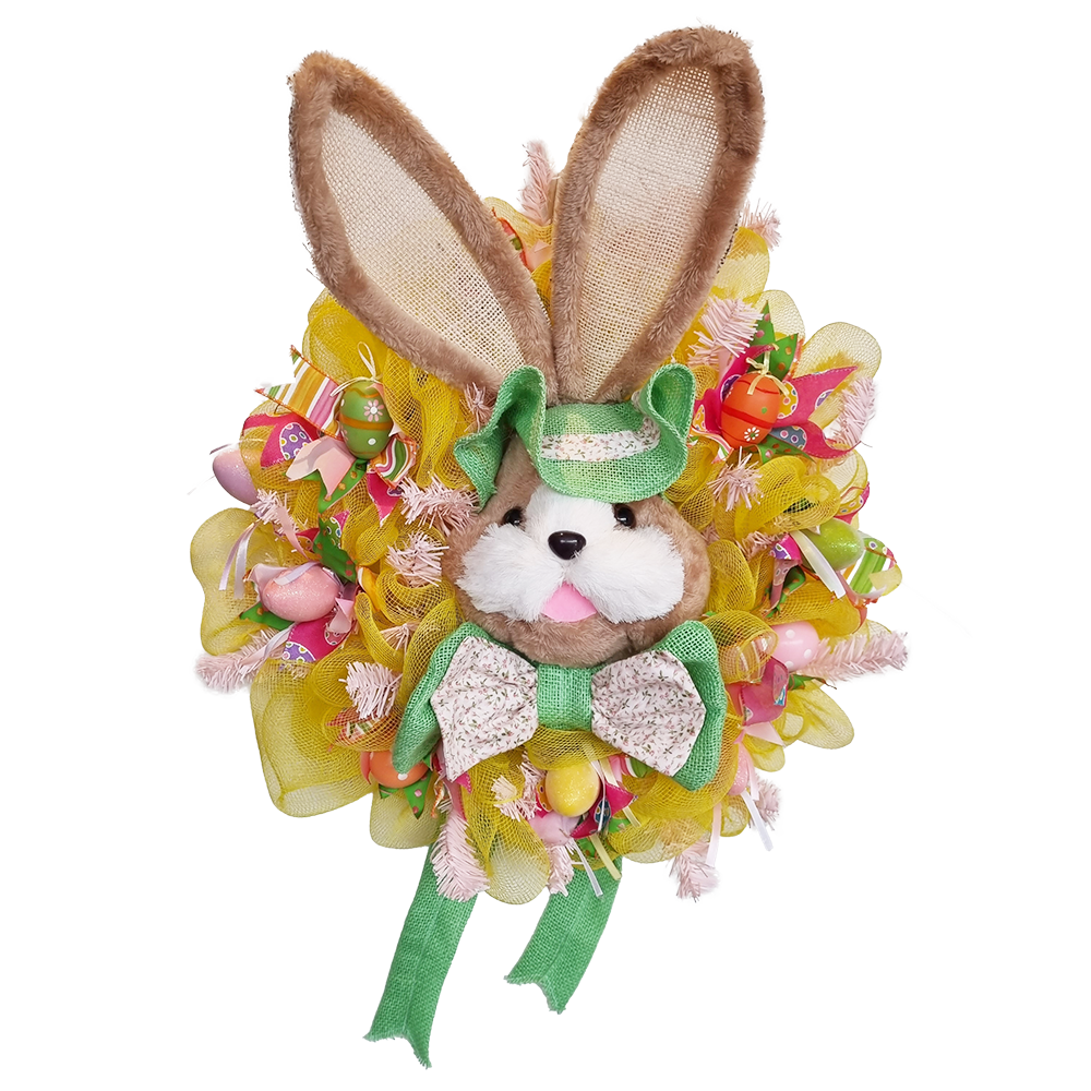 Viv! Christmas Exclusive Easter Wreath - Handmade - Easter Bunny with Tulle Wreath and Eggs - Yellow Green - 64cm