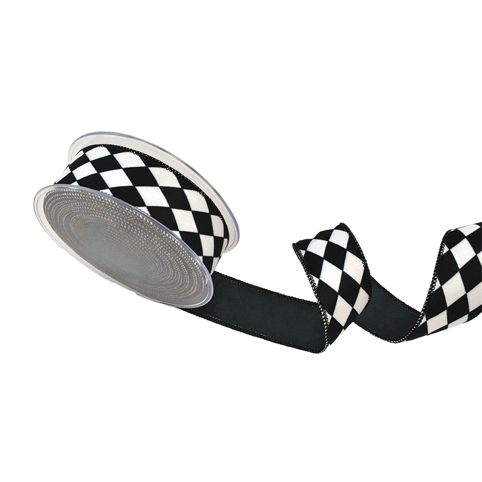 Viv! Christmas Wired Ribbon - Harlequin Check - Black White - 4.3cm x 9m