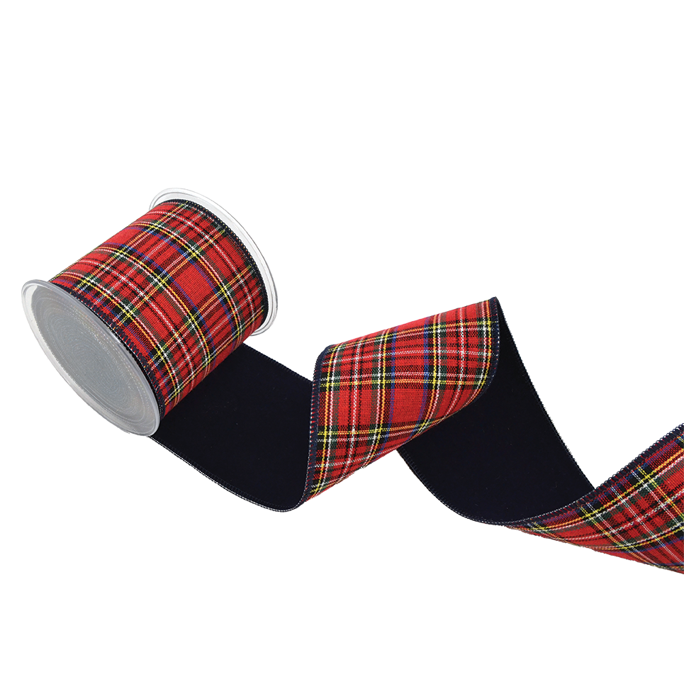 Viv! Christmas Kerstlint met Ijzerdraad - Rode Tartan Ruit & Donkerblauw Fluweel - 10cm x 4,5m