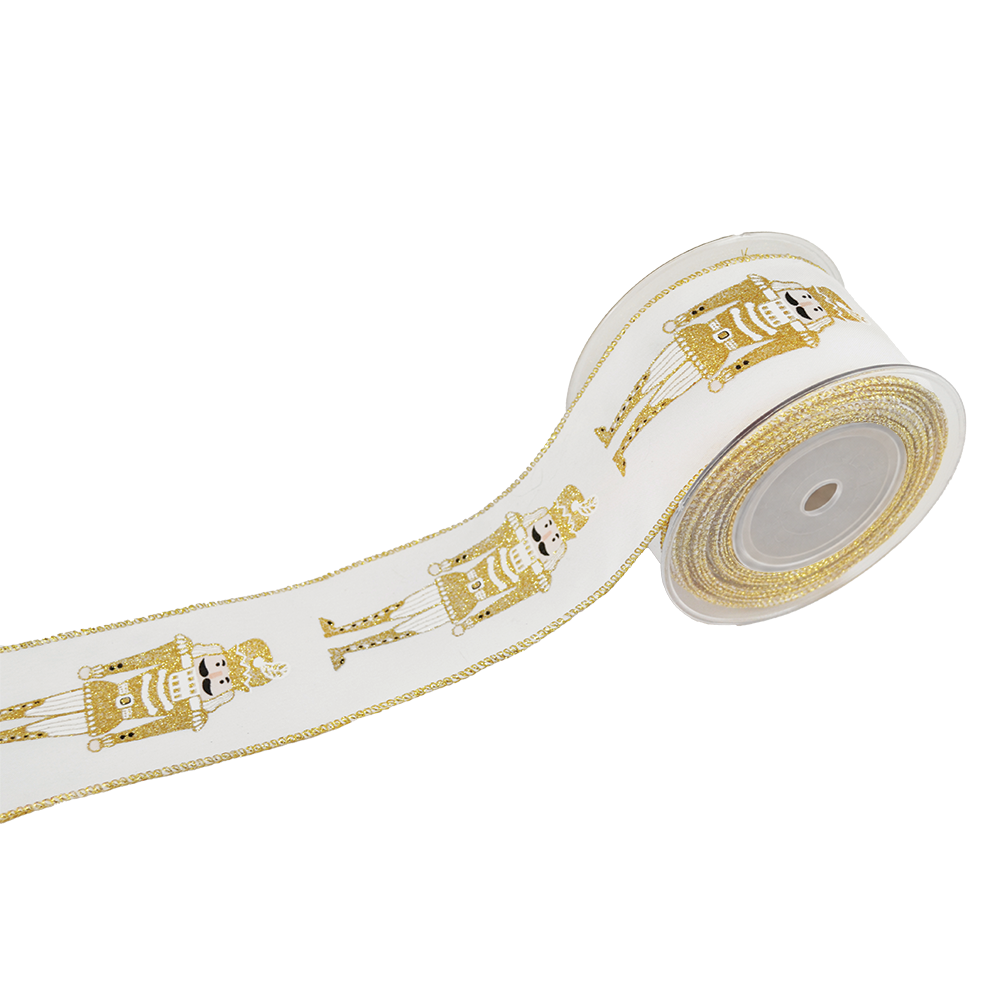 Viv! Christmas Wired Ribbon - Nutcracker with Glitter - White Gold - 6.7cm x 9m