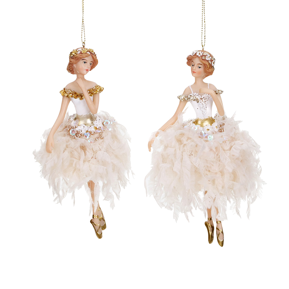 Goodwill M&G Weihnachtsanhänger - Schwanensee-Ballerinas mit flauschigem Rock - 2er-Set - Creme Gold - 15 cm