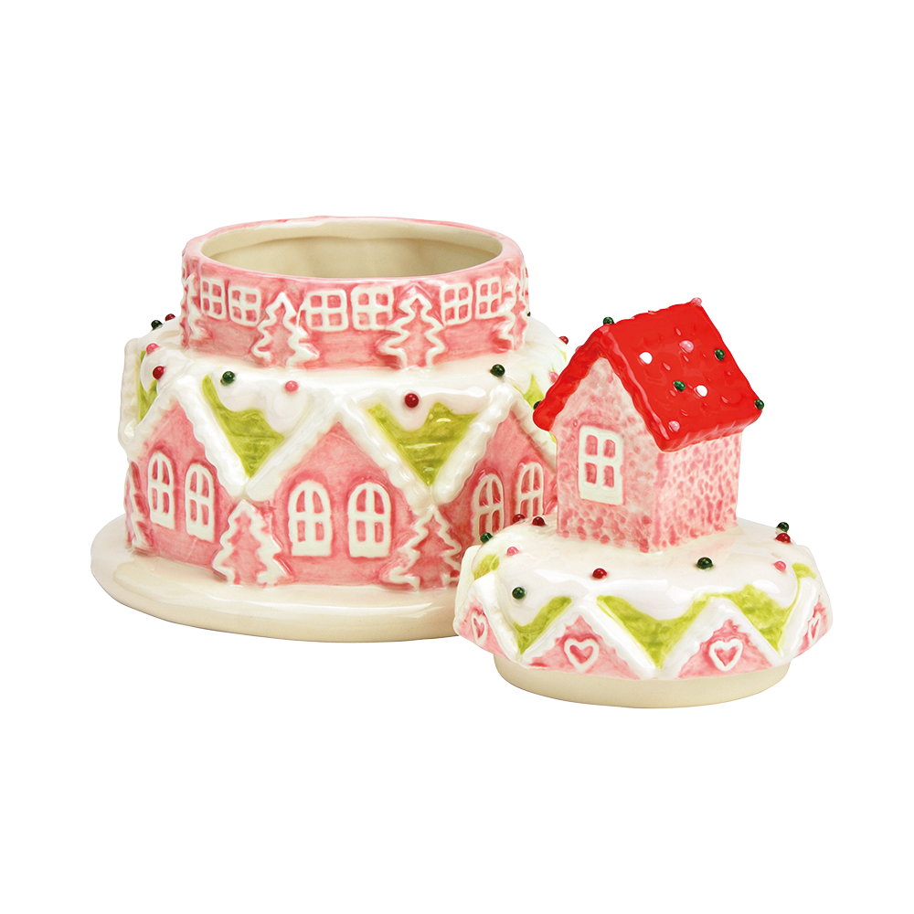 Viv! Christmas Kerstservies - Kerst Koektrommel Gingerbread Huisjes - keramiek - pastel - roze - 18cm