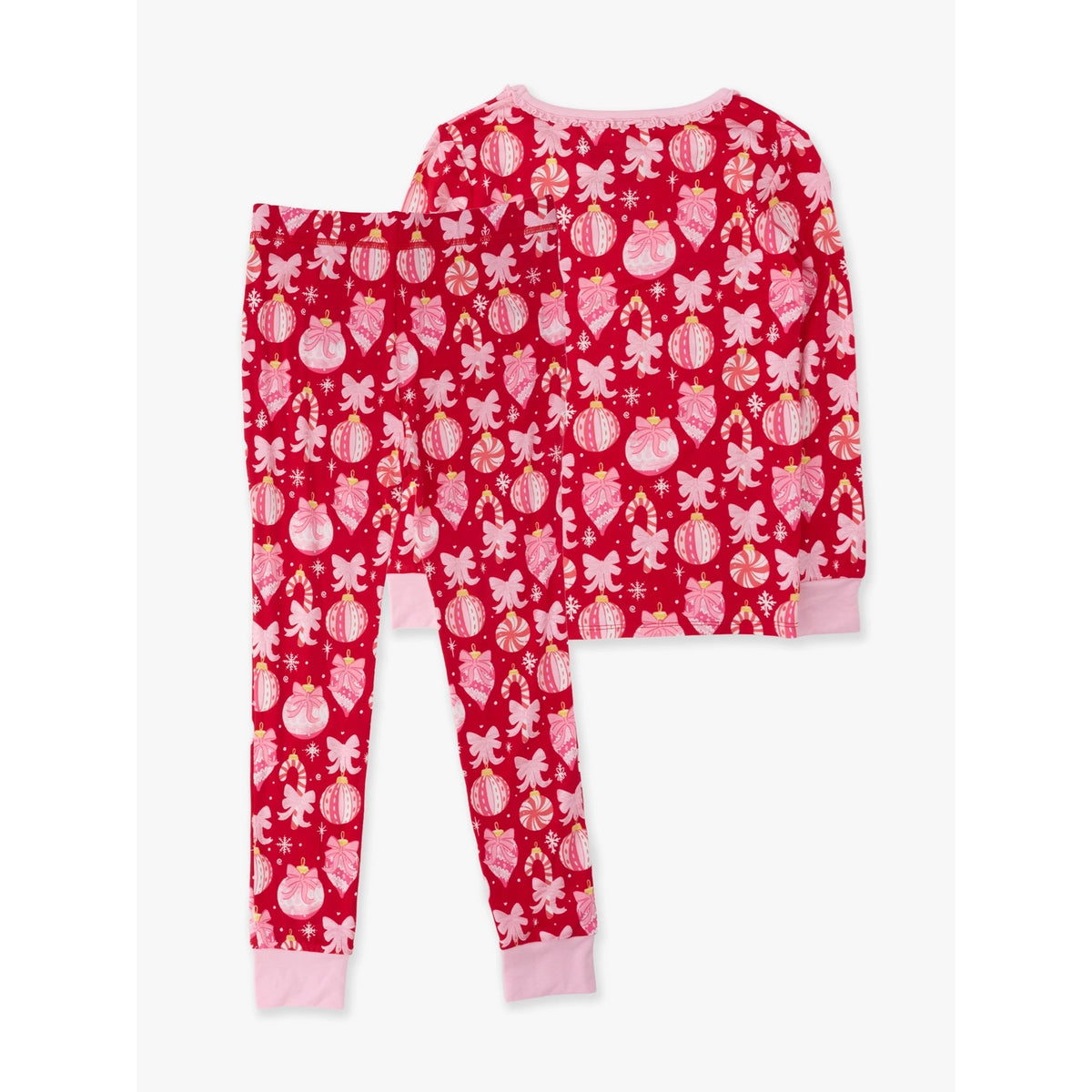 RuffleButts - Meisjes Kerstpyjama Set Lange Mouwen - Ornament Bows - Rood - Bamboe Viscose