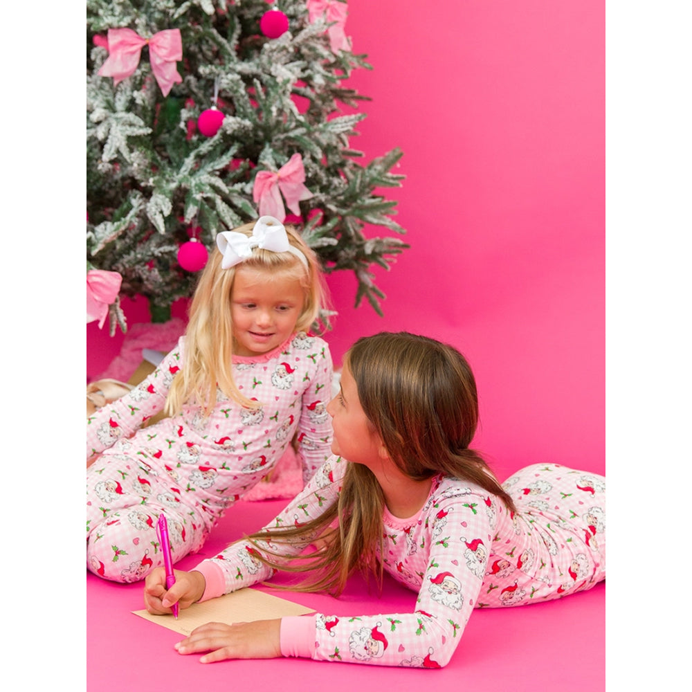 RuffleButts - Peuter Meisjes Kerstpyjama Set Lange Mouwen - Dear Santa Roze - Bamboe Viscose