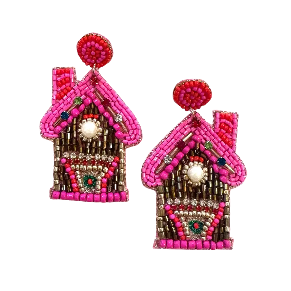 Viv! Christmas Kerst Statement Oorbellen - Roze Gingerbread Huis