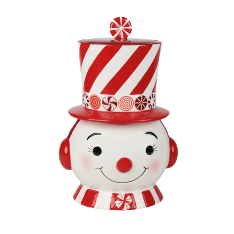 Viv! Christmas tableware - Cookie Jar Peppermint Swirl Snowman - ceramic - red white - 30cm