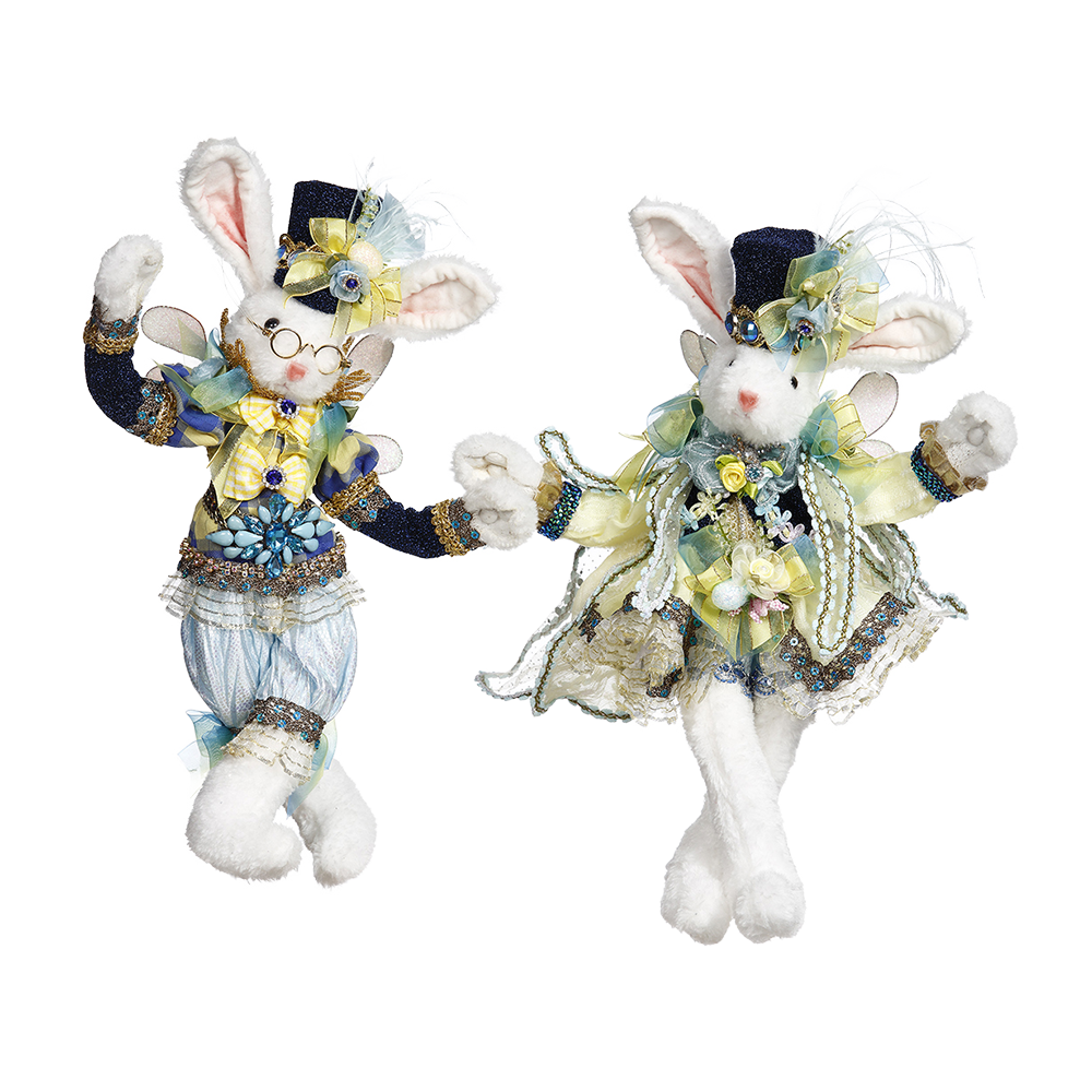 Mark Roberts Easter - Paashaas - Mr. & Mrs. Festive Rabbit - decoratiebeeld Pasen - set van 2 - wit blauw - 36cm - Collector's item - Viv! Home Luxuries