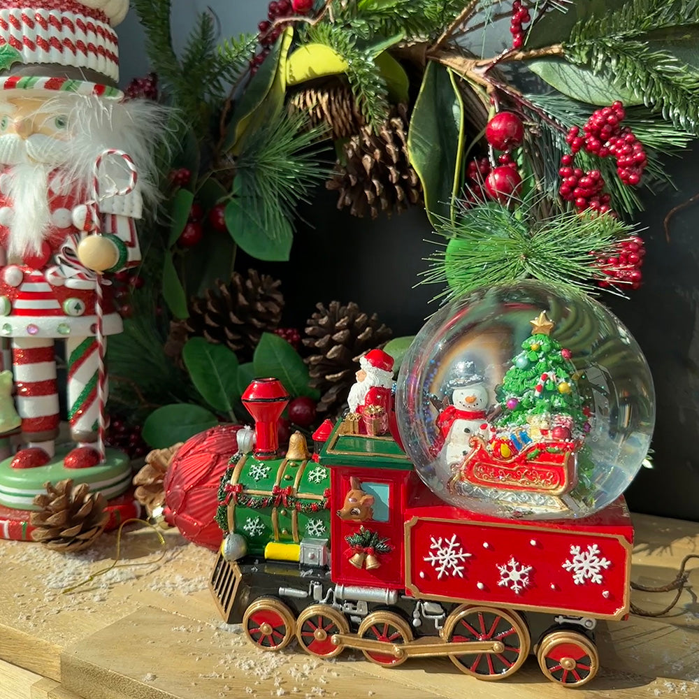 Viv! Christmas Snow Globe incl. Music Box - Santa in Train - red - 22cm