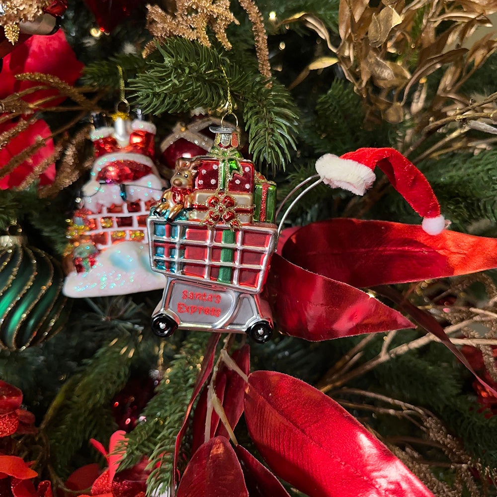 Kurt S. Adler Kerstornament - Winkelkarretje Vol Kerstcadeautjes - glas - rood wit - 14cm