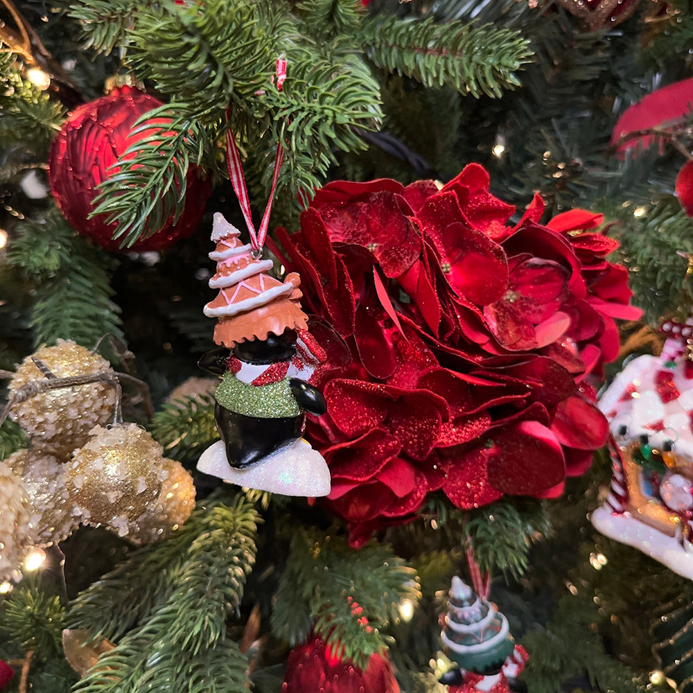 Kurt S. Adler Kerstornament - Pinguin met Gingerbread Hoed - set van 2 - rood wit zwart - 9cm