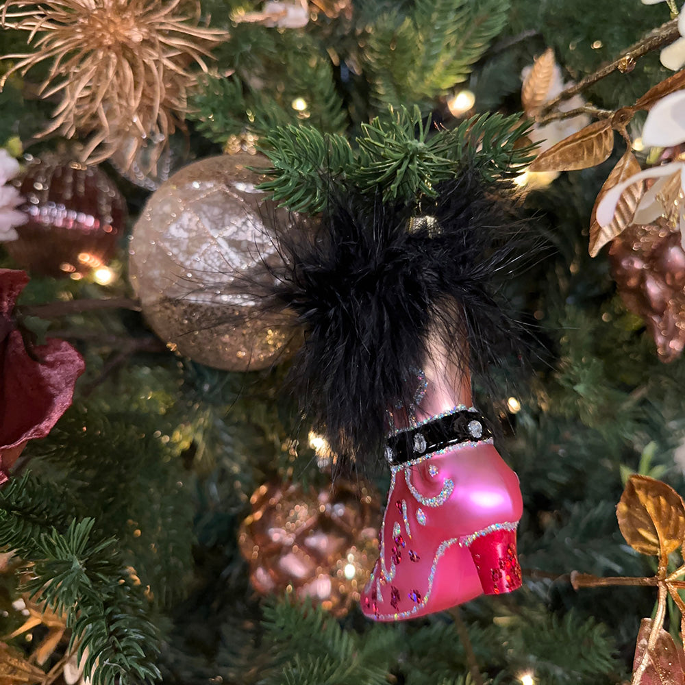Viv! Christmas Ornament - Victorian Boot with Imitation Fur - glass - pink black gold - 11cm