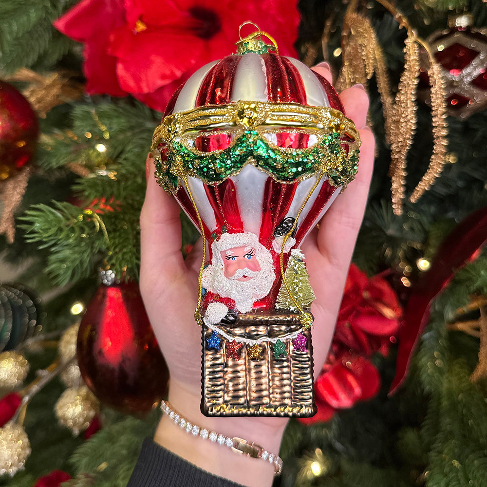 Kurt S. Adler Kerstornament - Luchtballon met Kerstman - glas - rood wit - 14cm