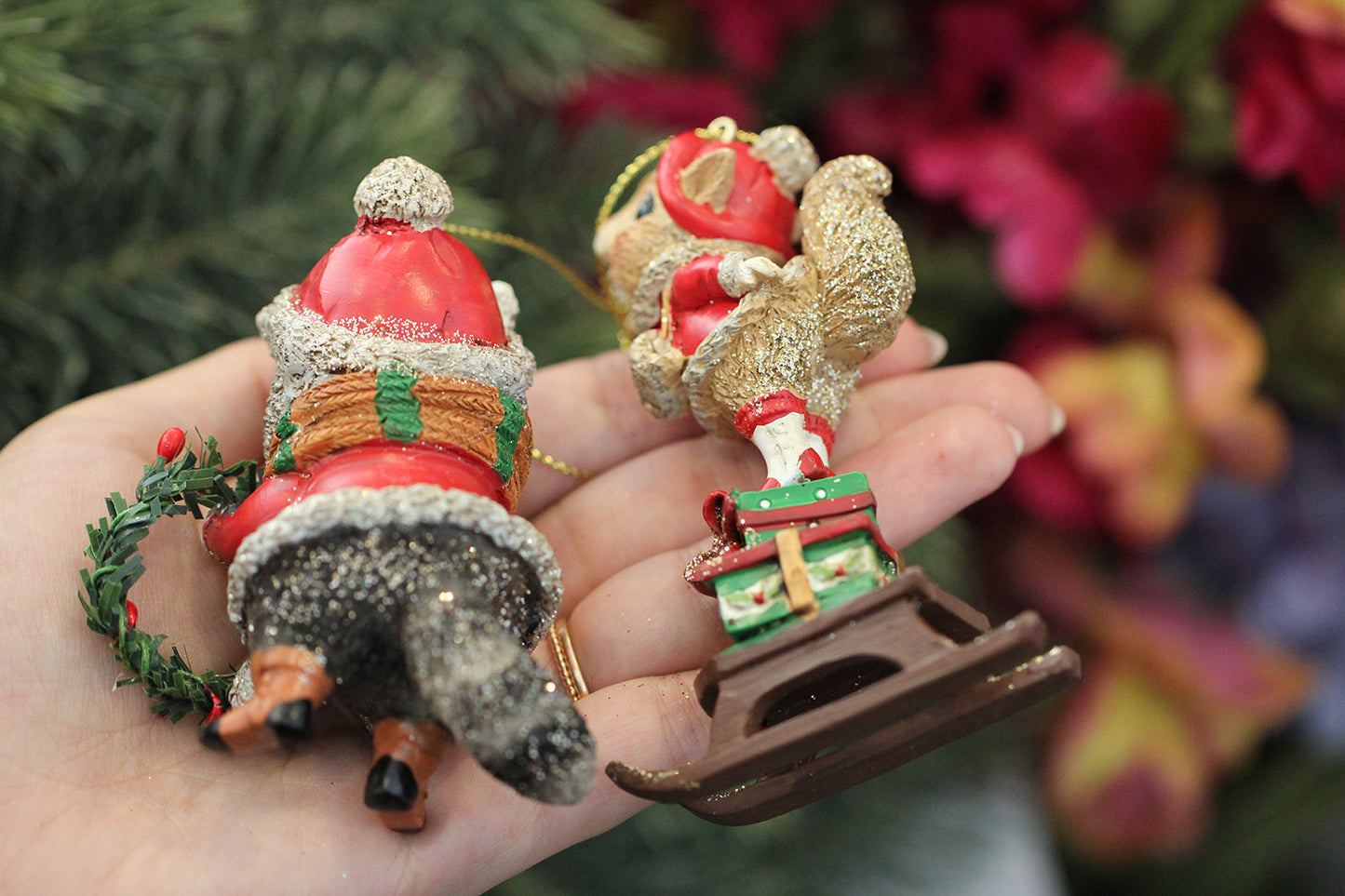 Goodwill M&G Decoración Árbol Navidad - Ardilla y mapache - set de 2 - rojo verde - 9cm