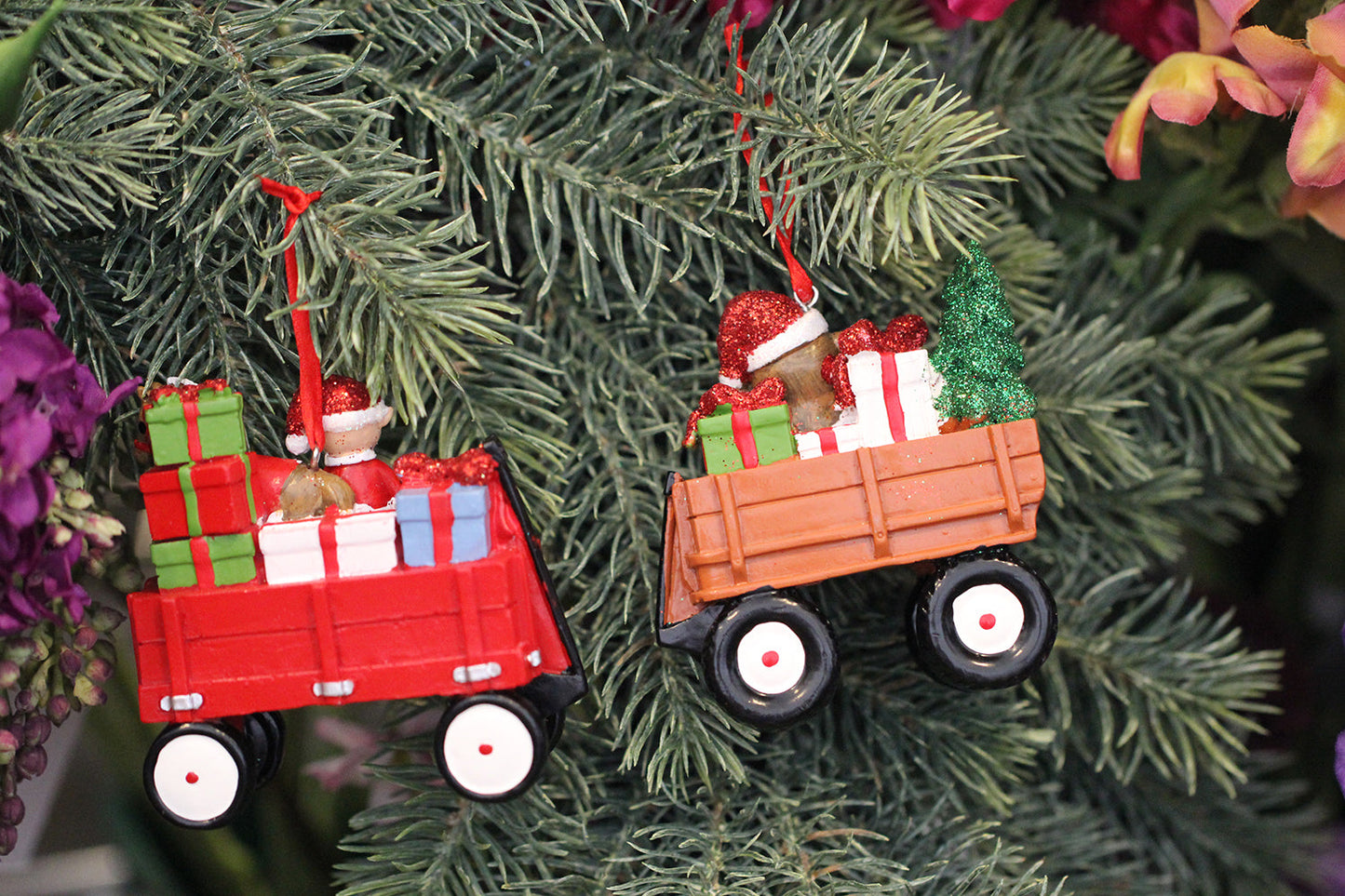 Kurt S. Adler Christmas Ornament - Wagon Gifts - set of 2 - red and brown - 9cm