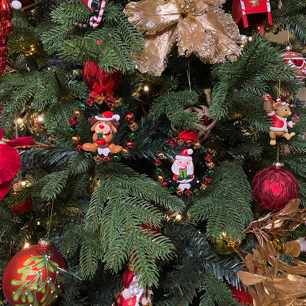 Viv! Christmas Ornament - Ring of Bells with Santa Claus / Reindeer - set of 2 - gold red green - 10cm