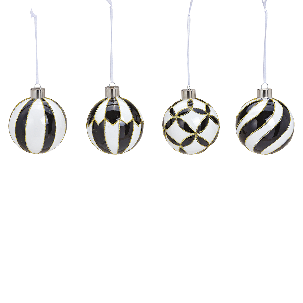 Viv! Christmas Kerstbal - Zwart Wit Patroon - set van 4 - glas - 8cm