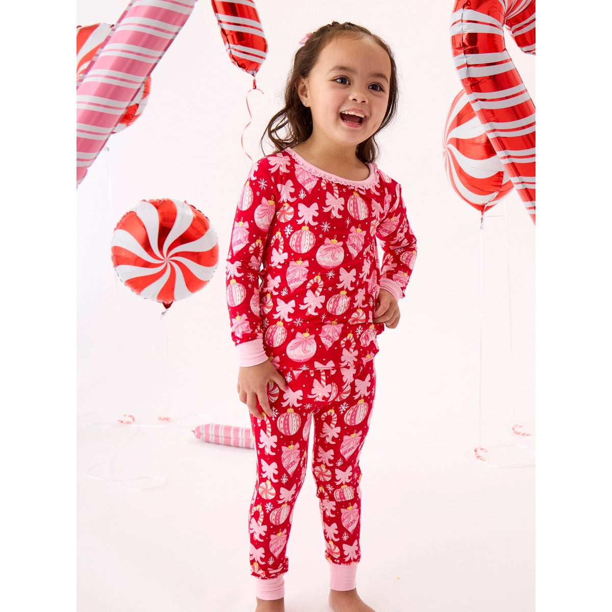 RuffleButts - Toddler Girls Long Sleeve Christmas Pajama Set - Ornament Bows - Red - Bamboo Viscose