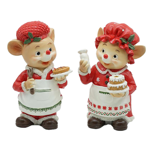 Viv! Christmas Kerstbeeld - Mrs. en Ms. Chef Muis - set van 2 - rood wit - 15cm