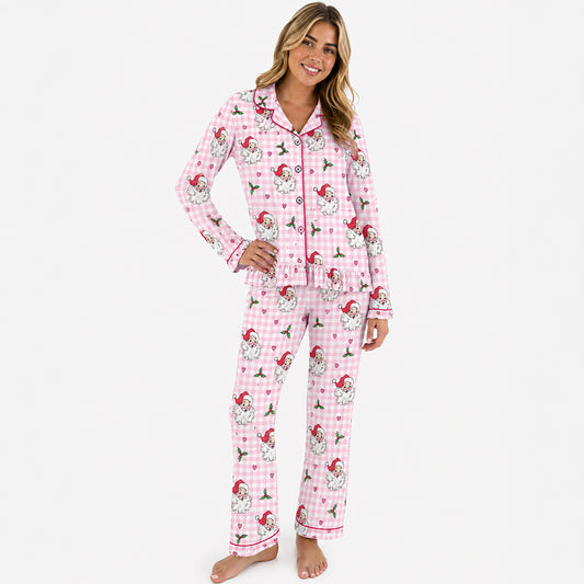 RuffleButts - Dames Kerstpyjama met Knoopsluiting - Dear Santa Roze - Bamboe Viscose