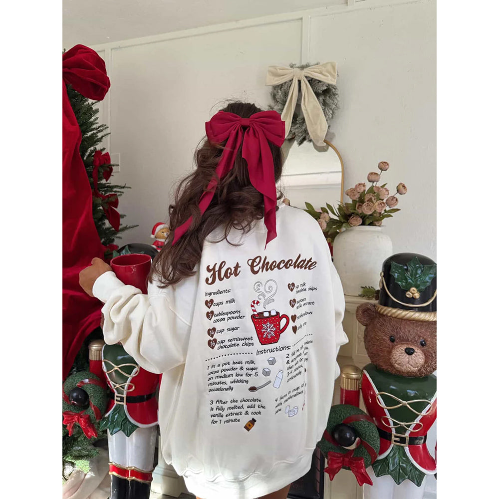 Viv! Christmas Women's Apparel - Hot Chocolate Recipe Embroidered Ivory Sweatshirt