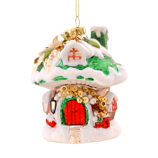 Viv! Christmas Kerstornament - Paddenstoel Huis - glas - rood groen wit - 10cm
