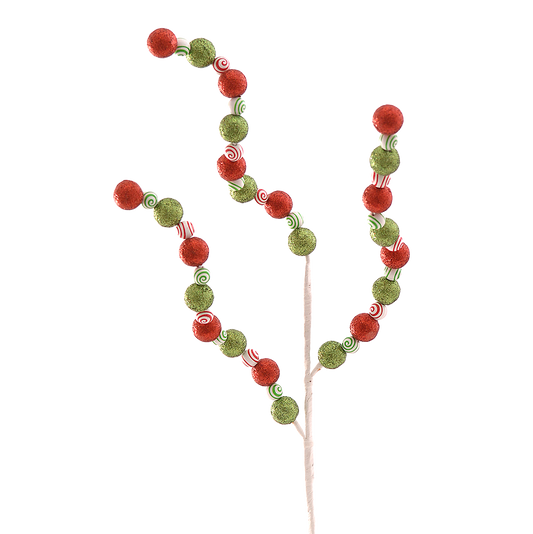 Viv! Christmas Weihnachtszweig – Glitzer Kugeln mit Zuckerstabzweig – Grün Rot Weiß – 71 cm