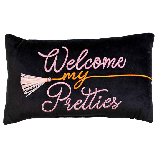 Viv! Christmas Halloween Kussen - 'Welcome my Pretties' met Heksenbezem - 50x30cm