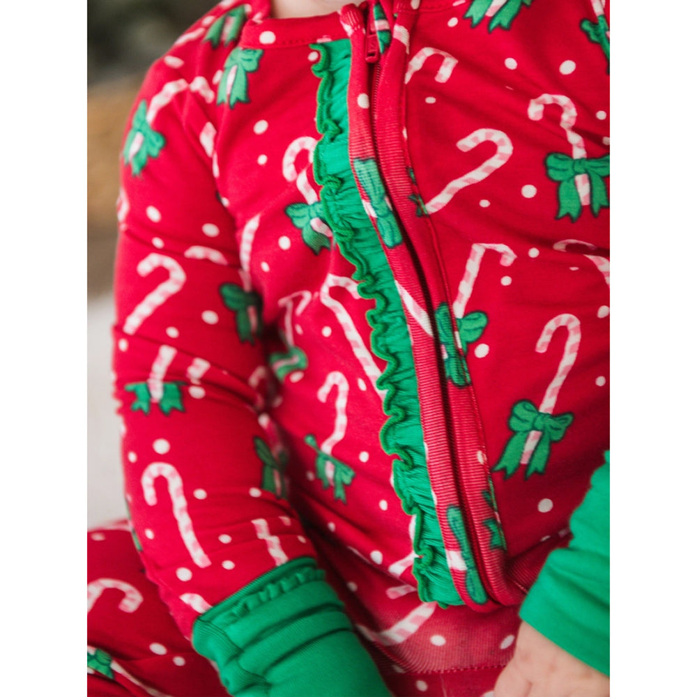 RuffleButts - Baby Girls' Zip-Up Christmas Pajamas - Candy Cane - Bamboo Viscose
