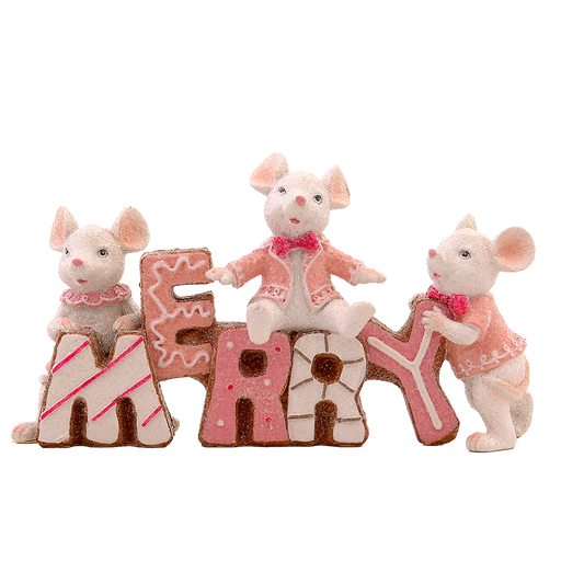 Viv! Christmas Tabletop Figure - 'Merry' Mice - pastel pink - 23x12cm