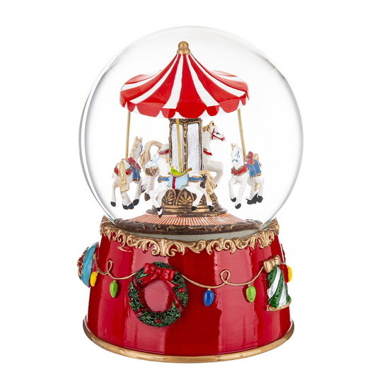 Viv! Christmas Musical Snow Globe - Carousel with Horses - Red - 17 cm