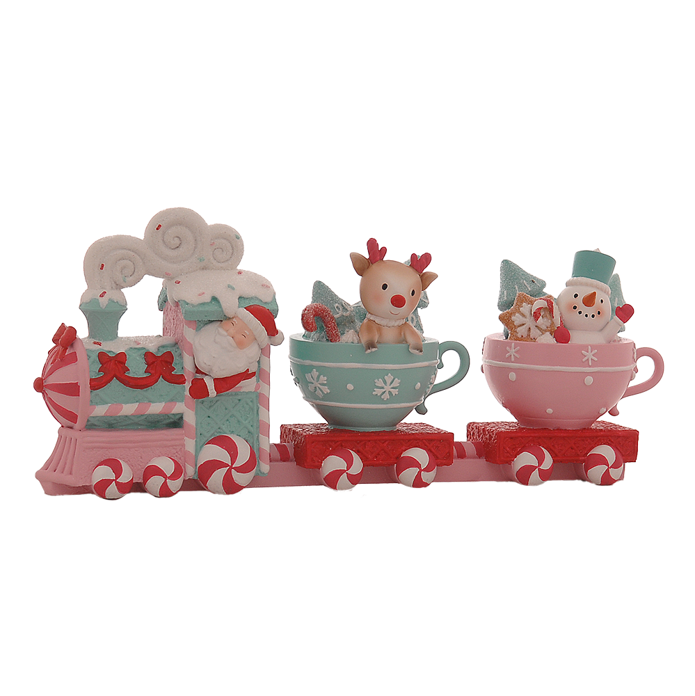Viv! Christmas Kerstbeeld - Gingerbread Trein met Theekop Wagons - roze rood blauw - 38cm