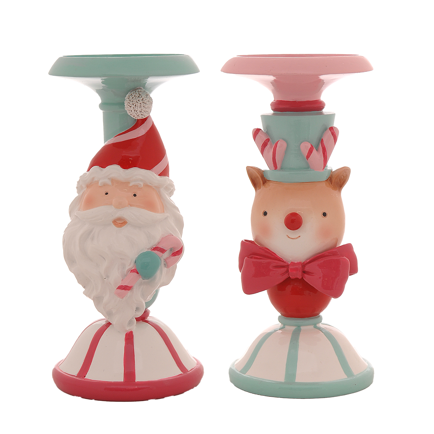 Viv! Christmas Tischdeko Weihnachten – Kerzenständer Weihnachtsmann und Rentier – 2er Set – Rosa Rot Blau – 22 cm