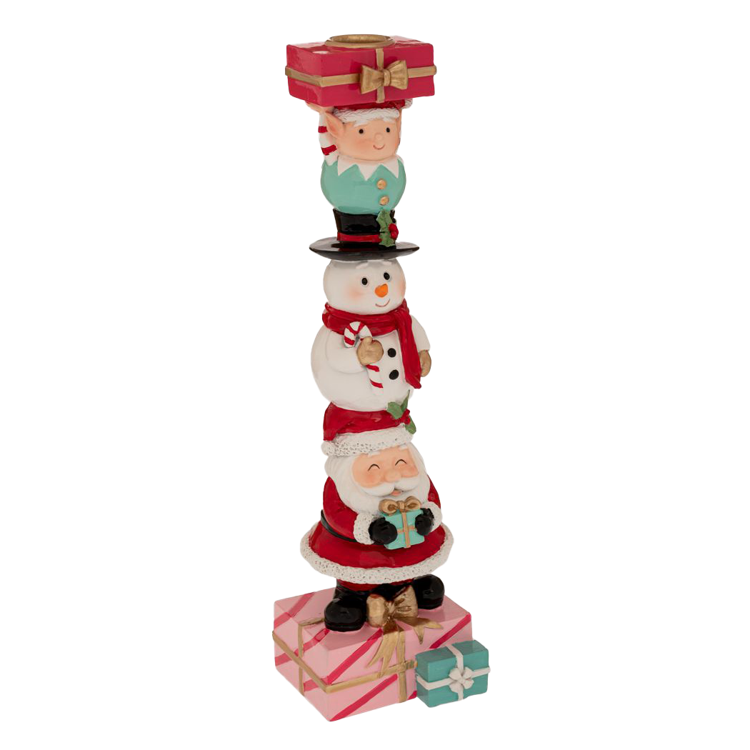 Viv! Christmas Kerst Tafeldecoratie - Kandelaar Kerstman, Sneeuwpop en Elf - roze rood - 31cm