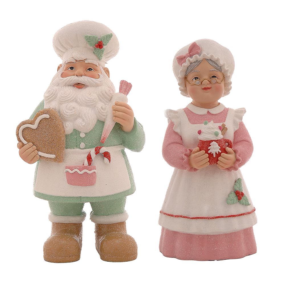 Viv! Christmas Kerstbeeld - Mr. & Mrs. Claus met Gingerbread Koekje - set van 2 - pastel - roze blauw - 25cm