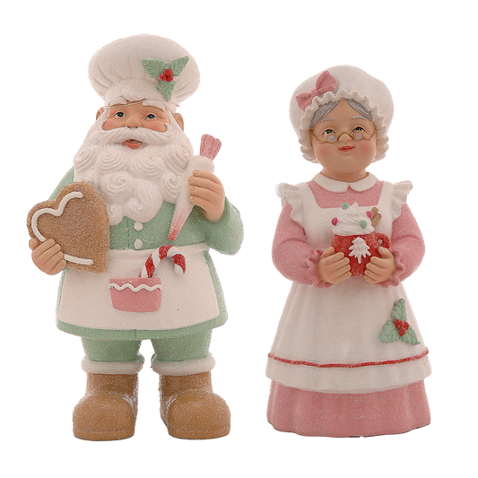 Viv! Christmas Kerstbeeld - Mr. & Mrs. Claus met Gingerbread Koekje - set van 2 - pastel - roze blauw - 25cm