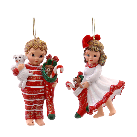 Viv! Christmas Weihnachtsanhänger – Kinder im Pyjama mit Geschenken – 2er Set – Rot – 10 cm