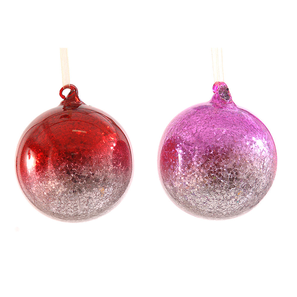 Viv! Christmas Baubles - Glitter Ombré - set of 2 - glass - red pink silver - 10 cm