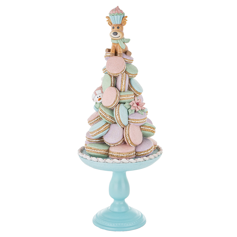Viv! Christmas Kerstbeeld - Gingerbread Macaron Taart op Voetstuk met Sneeuwpop & Rendier - pastel roze - 63cm