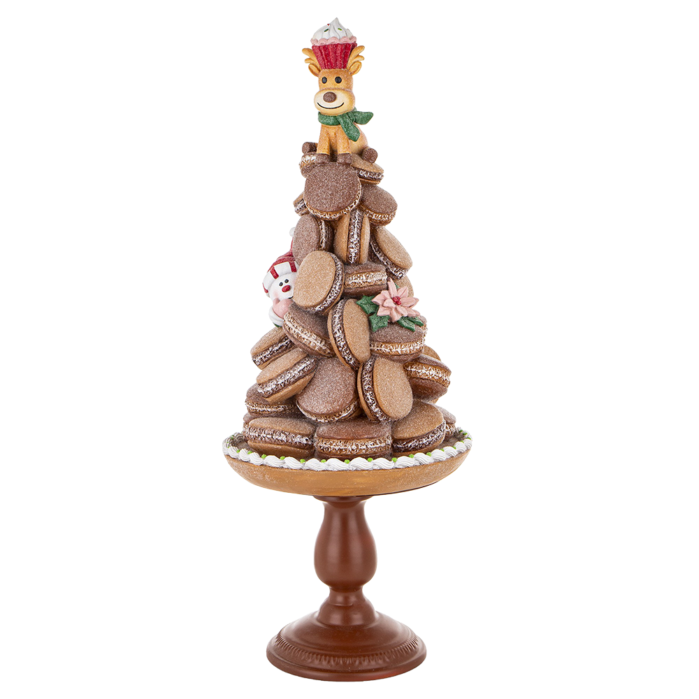 Viv! Christmas Kerstbeeld - Gingerbread Macaron Taart op Voetstuk met Sneeuwpop & Rendier - bruin rood - 63cm