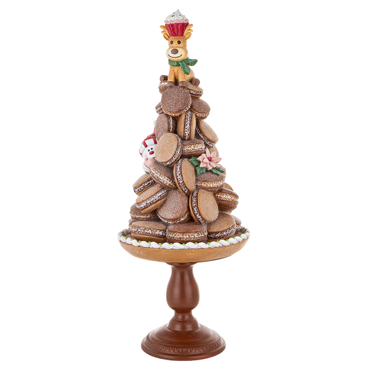 Viv! Christmas Kerstbeeld - Gingerbread Macaron Taart op Voetstuk met Sneeuwpop & Rendier - bruin rood - 63cm