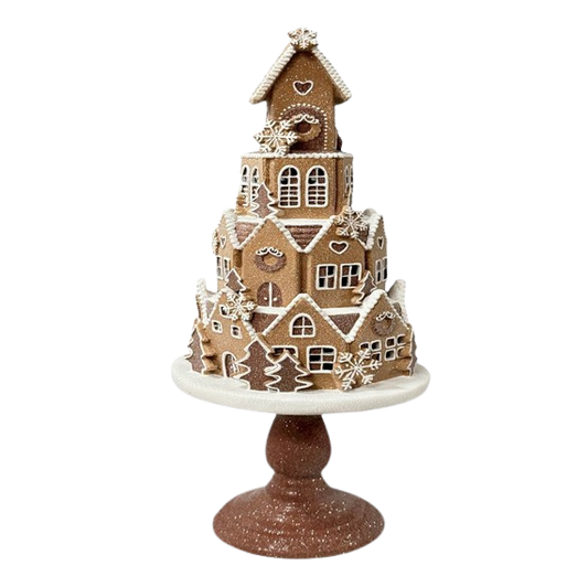 Viv! Christmas Kerstbeeld - Gingerbread Huis Taart op Voetstuk incl. LED Verlichting - bruin - 60cm