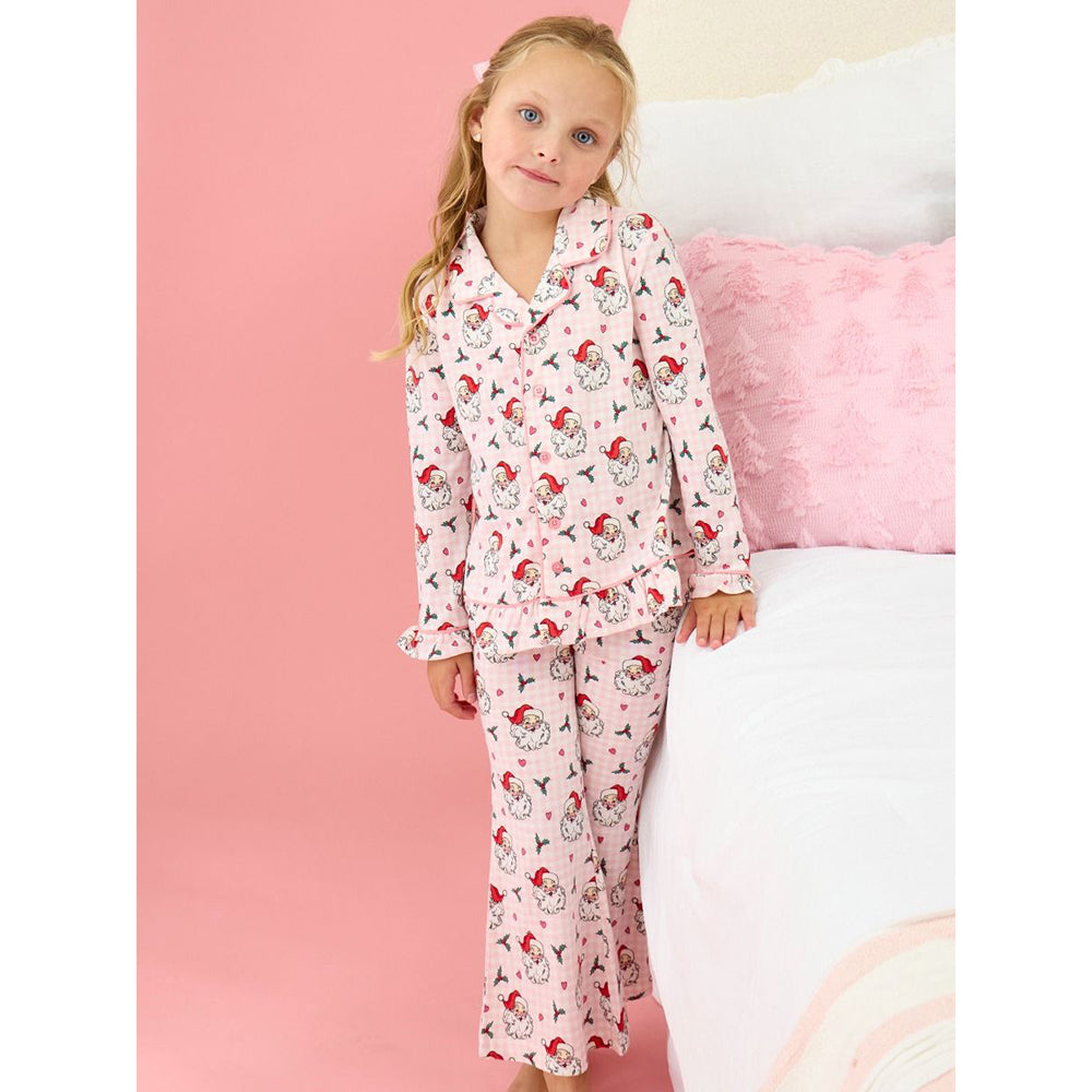 RuffleButts - Meisjes Kerstpyjama met Knoopsluiting - Dear Santa Roze