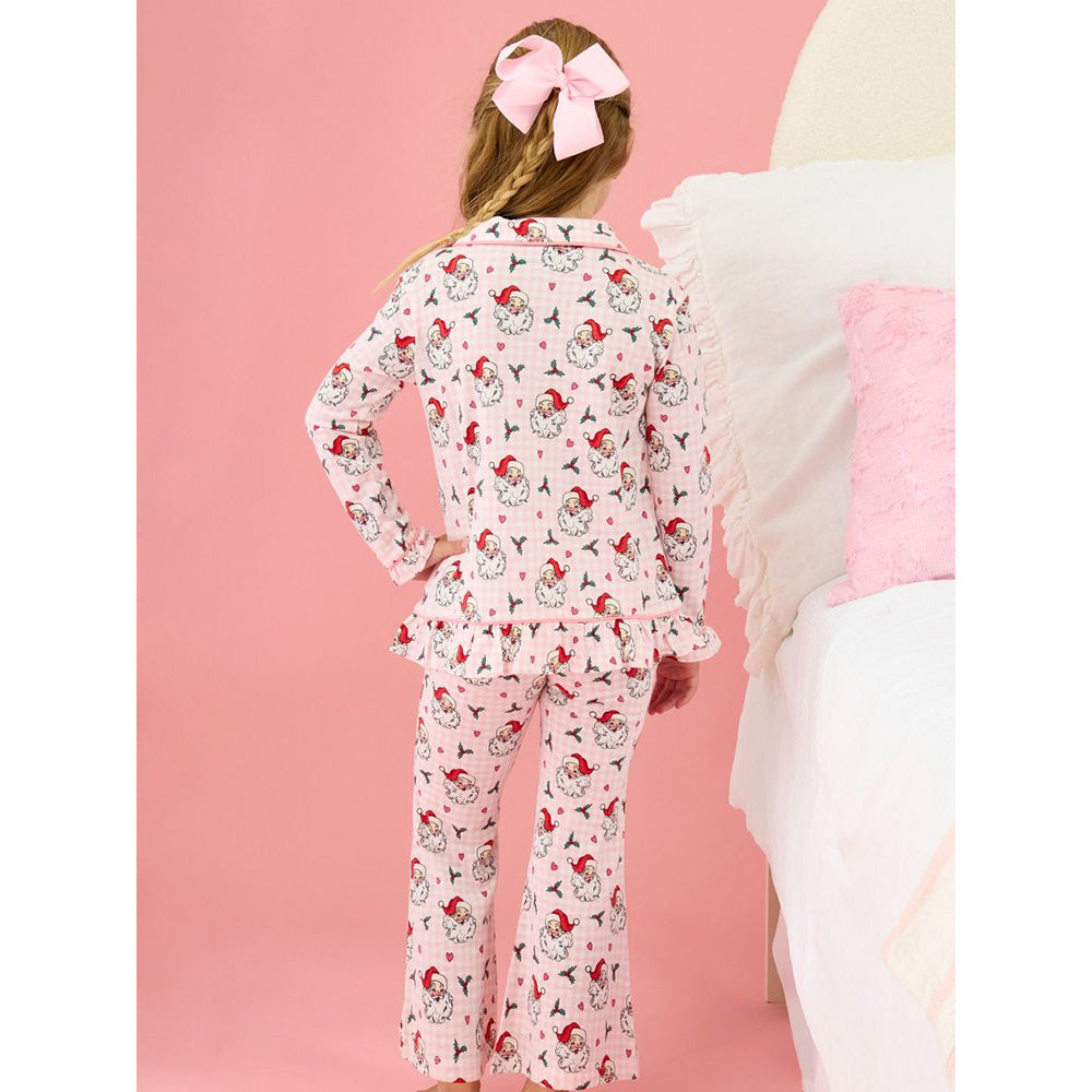 RuffleButts - Meisjes Kerstpyjama met Knoopsluiting - Dear Santa Roze