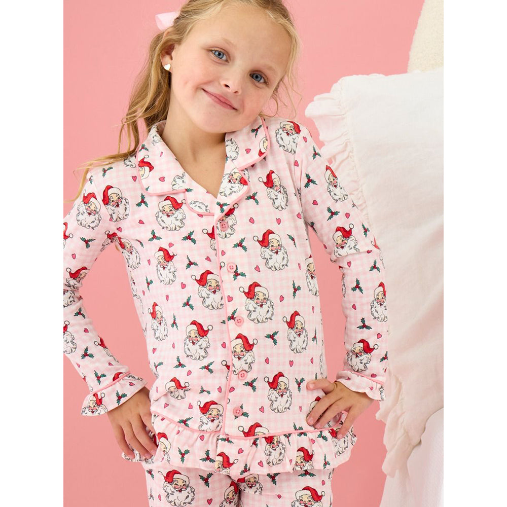 RuffleButts - Meisjes Kerstpyjama met Knoopsluiting - Dear Santa Roze