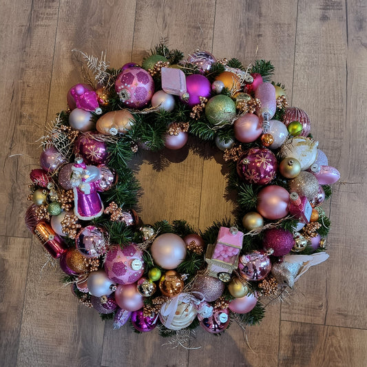 Viv! Christmas Kerstkrans handgemaakt - roze - multi - uniek exemplaar - 60cm - Alleen Afhalen