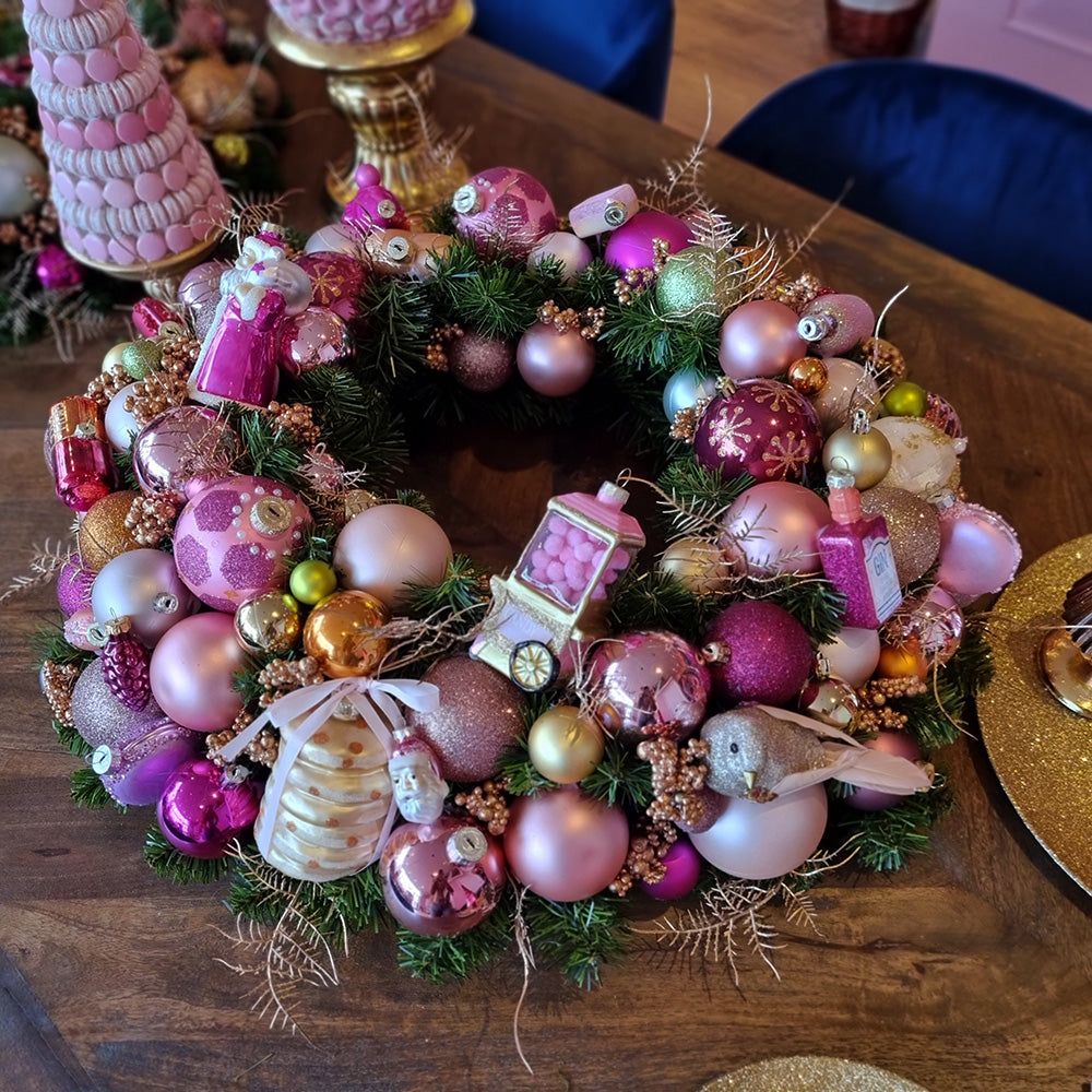 Viv! Christmas Kerstkrans handgemaakt - roze - multi - uniek exemplaar - 60cm - Alleen Afhalen