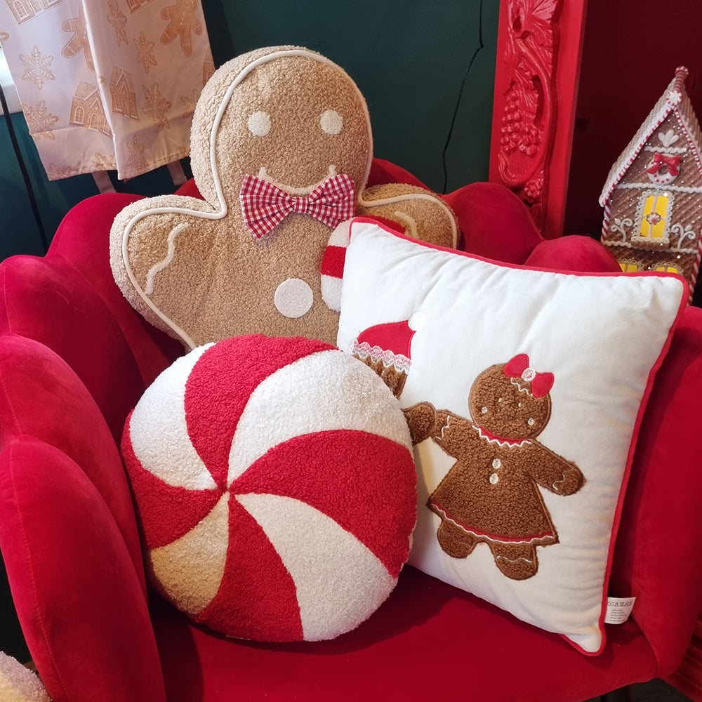 Viv! Christmas Cushion - Gingerbread Boy and Girl - brown white red - square - 40x40cm