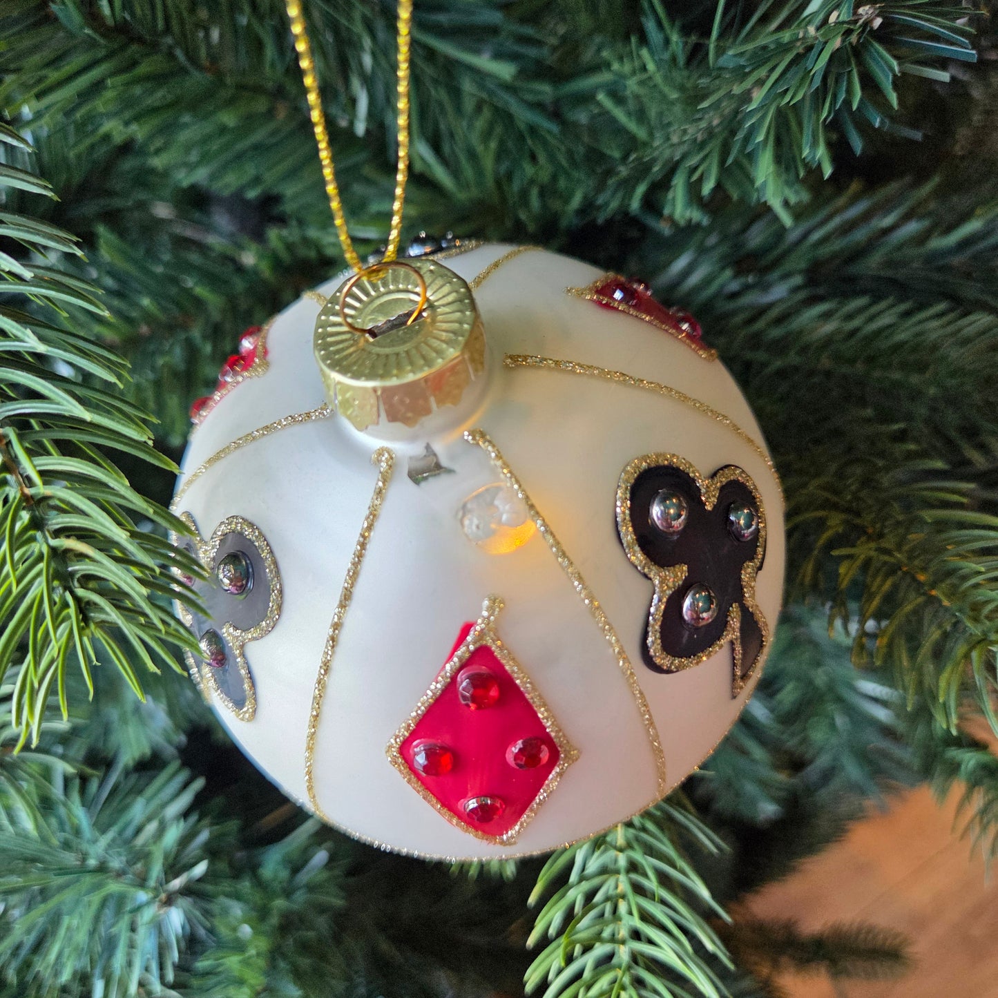 Viv! Christmas Bauble - Playing Cards Design with Gold Glitter Lines - set of 2 - glass - black red - Ø10cm