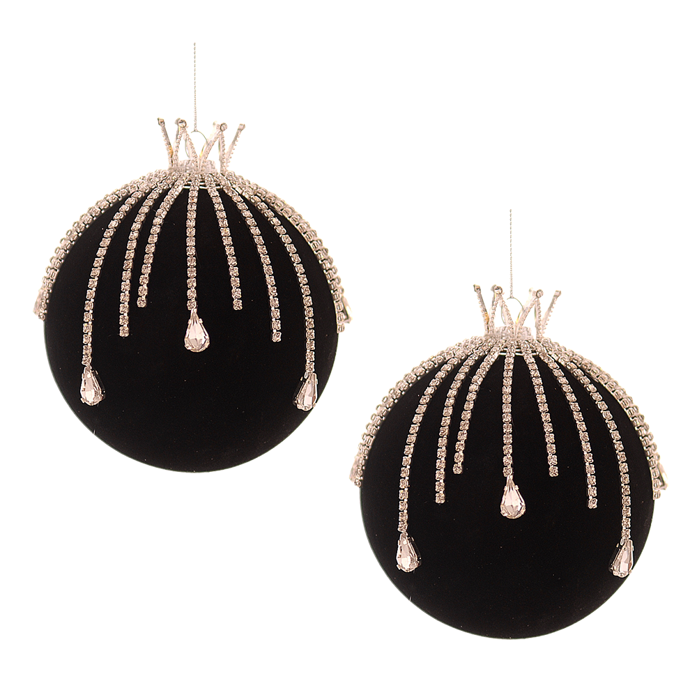 Viv! Christmas Bauble - Velvet w/ Crown & Gemstones - Glass - Black - Ø10 cm